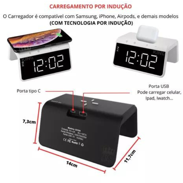 Carregador Indução + Relógio Despertador (BRANCO)